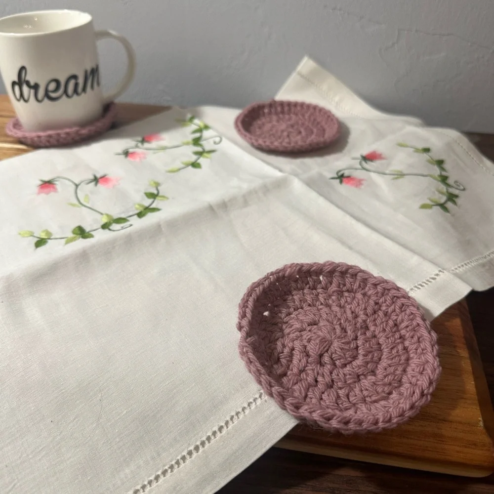 Handmade Mauve Crochet Coaster Set Vintage Hand Embroidered table topper